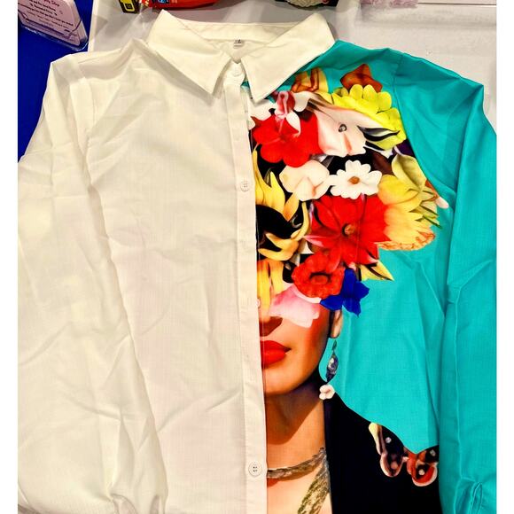 Elegant Half White Figure Print Button Up Collared Shirt Multiple Sizes - Picture 4 of 6